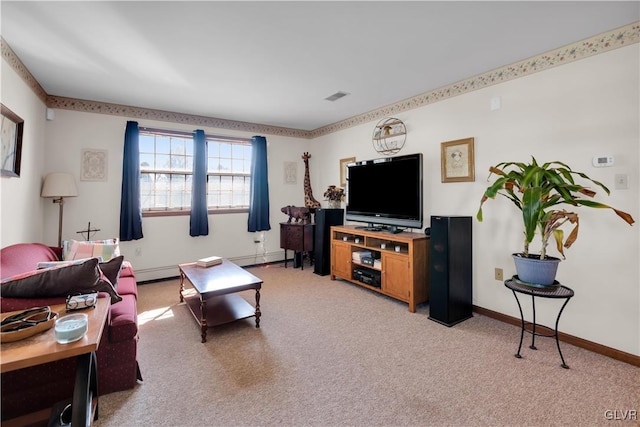 living room with a baseboard heating unit, visible vents, baseboards, and light colored carpet