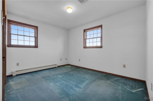 carpeted spare room with visible vents, baseboards, and baseboard heating