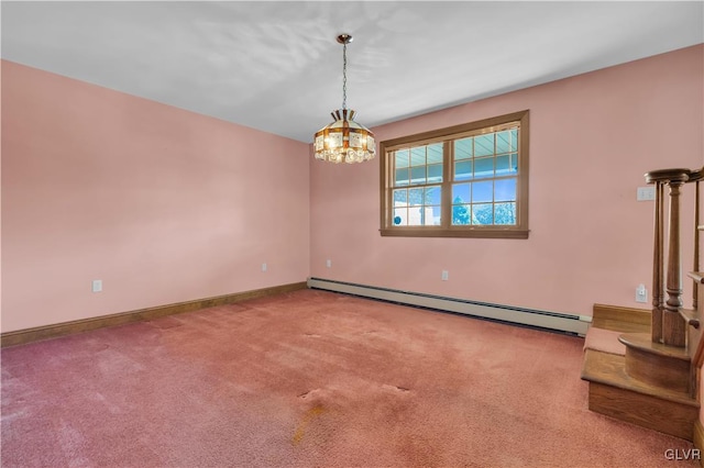 unfurnished room with carpet, a baseboard heating unit, a chandelier, and baseboards