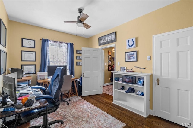 home office featuring dark wood-style floors, ceiling fan, and baseboards