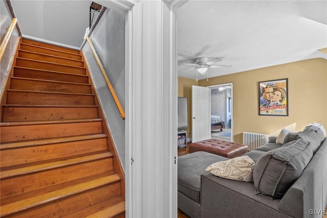 staircase featuring a ceiling fan