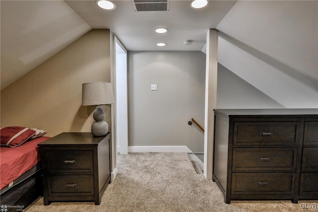 bedroom featuring recessed lighting, light carpet, visible vents, baseboards, and vaulted ceiling