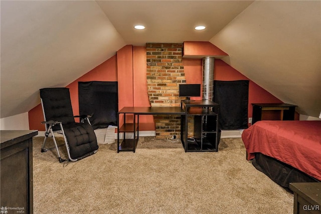 bedroom featuring lofted ceiling, carpet flooring, and recessed lighting