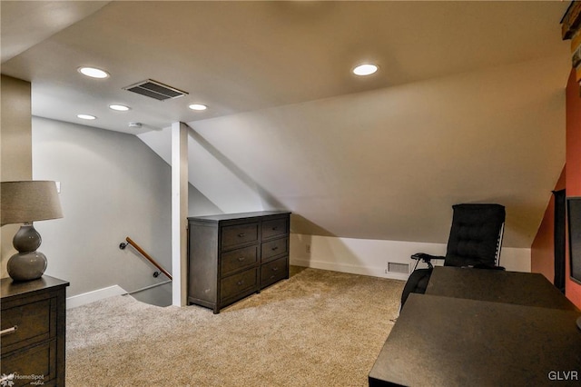 office area featuring baseboards, visible vents, vaulted ceiling, carpet floors, and recessed lighting