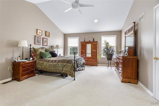 bedroom featuring baseboards, visible vents, light colored carpet, vaulted ceiling, and recessed lighting