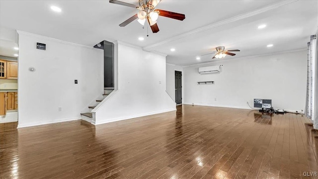 115 Aspen Cir E, Stroudsburg, PA 18302 - unfurnished living room featuring a ceiling fan, an AC wall unit, wood-type flooring, ornamental molding, and recessed lighting