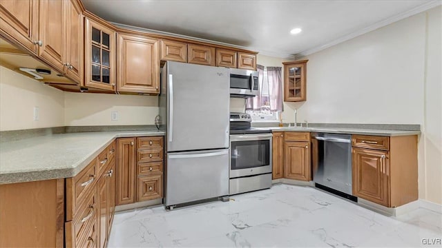 115 Aspen Cir E, Stroudsburg, PA 18302 - kitchen featuring appliances with stainless steel finishes, brown cabinetry, a sink, ornamental molding, and glass insert cabinets