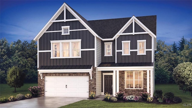 view of front of property with concrete driveway, stone siding, an attached garage, a front lawn, and board and batten siding