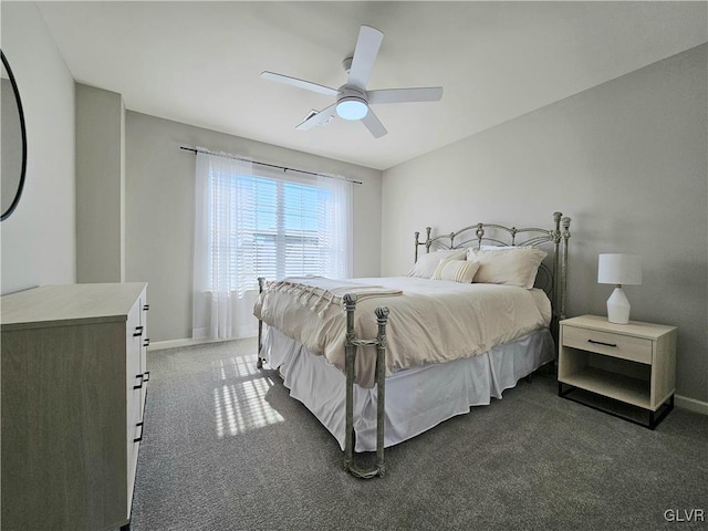 bedroom featuring carpet flooring, ceiling fan, and baseboards