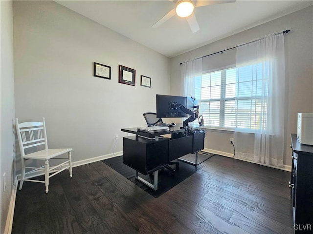 home office with ceiling fan, baseboards, and wood finished floors