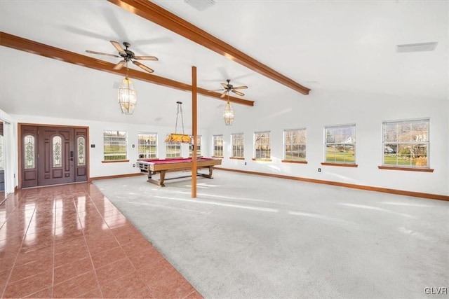 playroom featuring baseboards, beamed ceiling, tile patterned floors, carpet flooring, and high vaulted ceiling