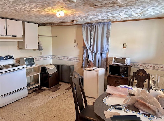 kitchen featuring electric stove, light floors, radiator, white cabinetry, and under cabinet range hood