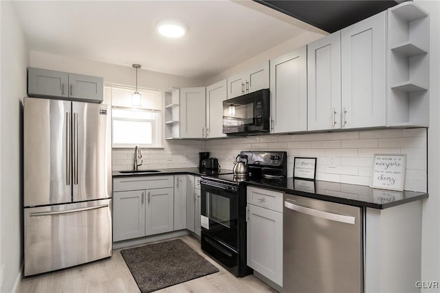 kitchen featuring decorative backsplash, dark countertops, black appliances, open shelves, and a sink