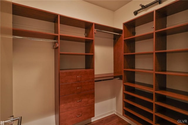 spacious closet with dark wood-type flooring