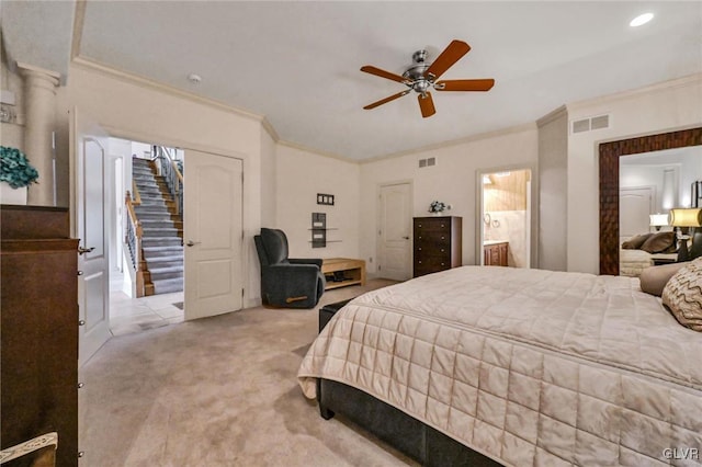 bedroom with a ceiling fan, crown molding, visible vents, and carpet flooring