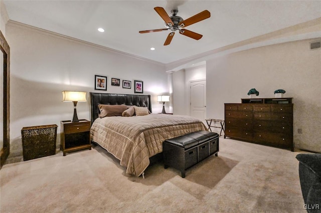 bedroom with visible vents, ceiling fan, ornamental molding, carpet, and recessed lighting