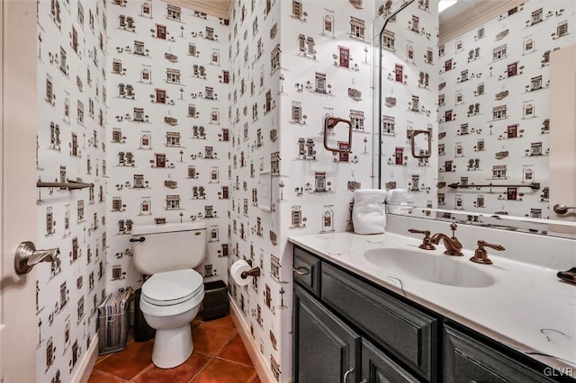 half bath featuring tile patterned flooring, vanity, toilet, and wallpapered walls