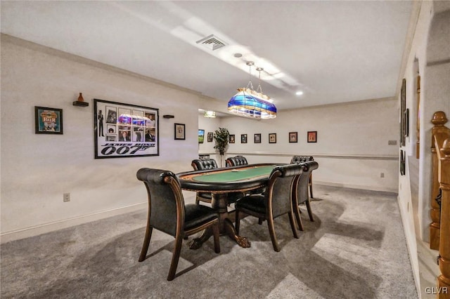 playroom with carpet floors, visible vents, and baseboards