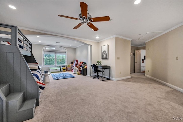 recreation room featuring carpet, crown molding, decorative columns, recessed lighting, and baseboards