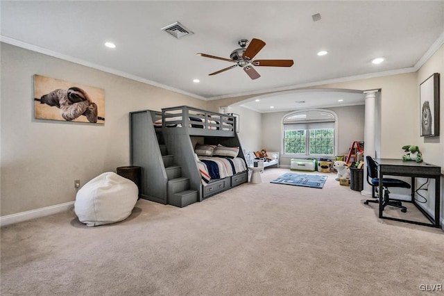 carpeted bedroom featuring recessed lighting, ornate columns, visible vents, ornamental molding, and baseboards