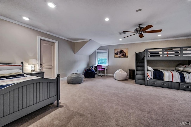 bedroom with baseboards, ornamental molding, carpet, and recessed lighting