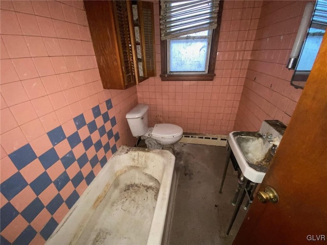 bathroom with a baseboard radiator, tile walls, and toilet