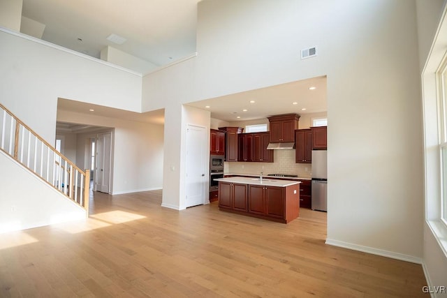 kitchen featuring under cabinet range hood, stainless steel appliances, a sink, visible vents, and light wood finished floors