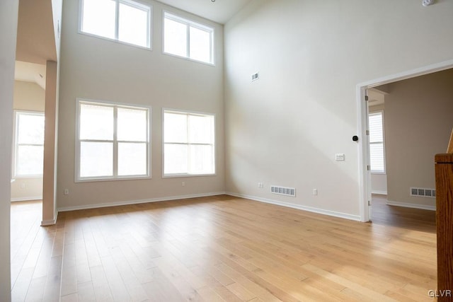 unfurnished living room featuring light wood-style floors, visible vents, and plenty of natural light