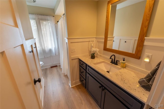 bathroom featuring toilet, a decorative wall, a wainscoted wall, wood finished floors, and vanity