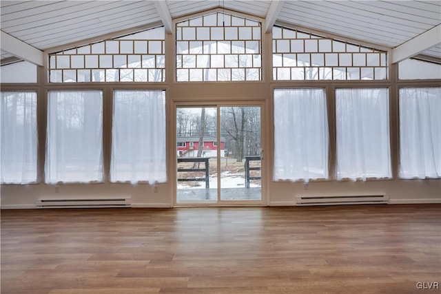 unfurnished sunroom with lofted ceiling and a baseboard radiator