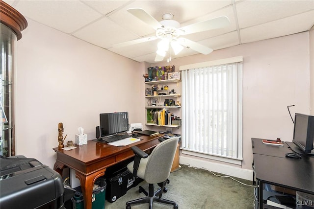 office area featuring carpet floors, ceiling fan, and a drop ceiling