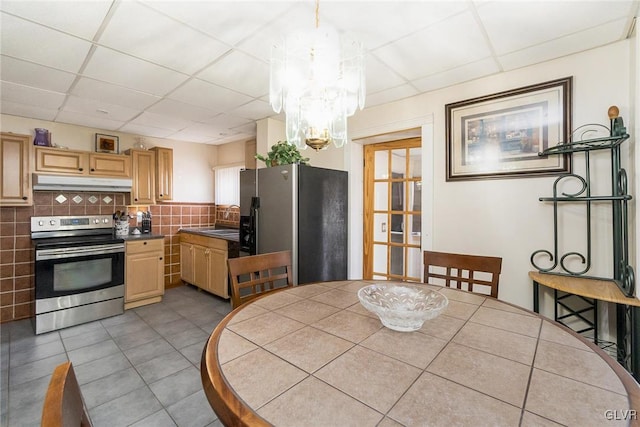 kitchen featuring a paneled ceiling, backsplash, light brown cabinetry, appliances with stainless steel finishes, and under cabinet range hood