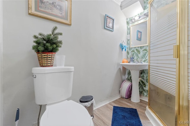 bathroom with baseboards, toilet, and wood finished floors