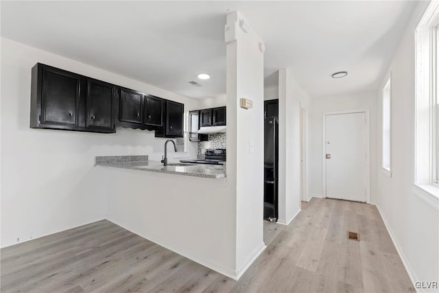 kitchen with light wood finished floors, light countertops, electric range, a sink, and dark cabinetry