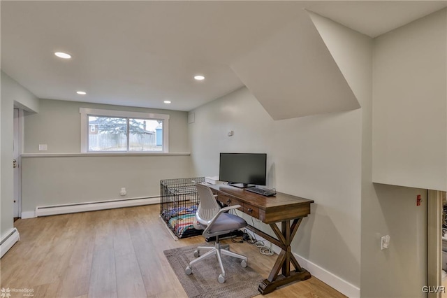 home office featuring recessed lighting, a baseboard radiator, wood finished floors, and baseboards