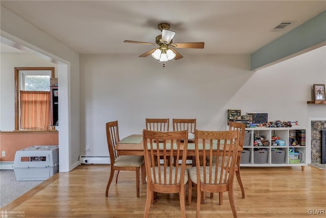 dining space with baseboard heating, a baseboard radiator, wood finished floors, and visible vents