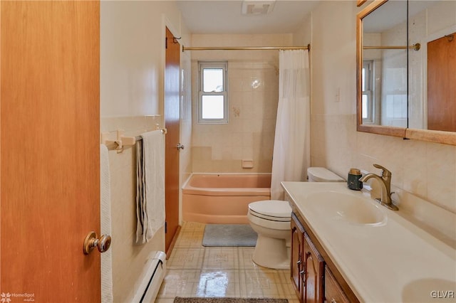 full bath featuring visible vents, toilet, a sink, and tile walls