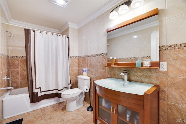 full bath featuring ornamental molding, visible vents, tile walls, and toilet