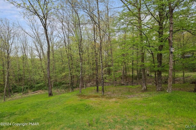 view of landscape featuring a forest view