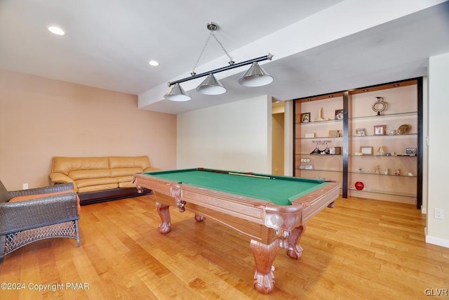 game room with baseboards, recessed lighting, billiards, and light wood-style floors