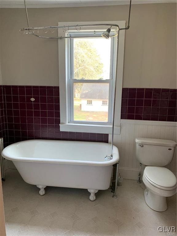 bathroom with a wainscoted wall, a freestanding bath, and toilet