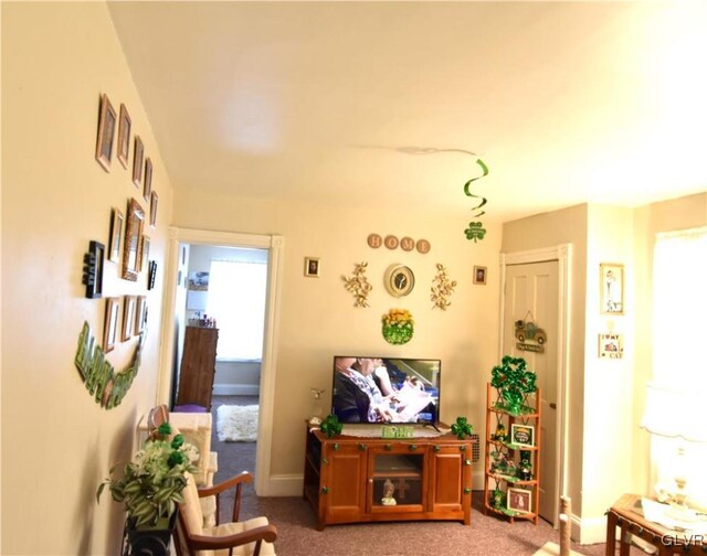 living area with light carpet and baseboards