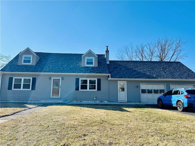 view of front of property featuring a garage, roof with shingles, a chimney, and a front lawn