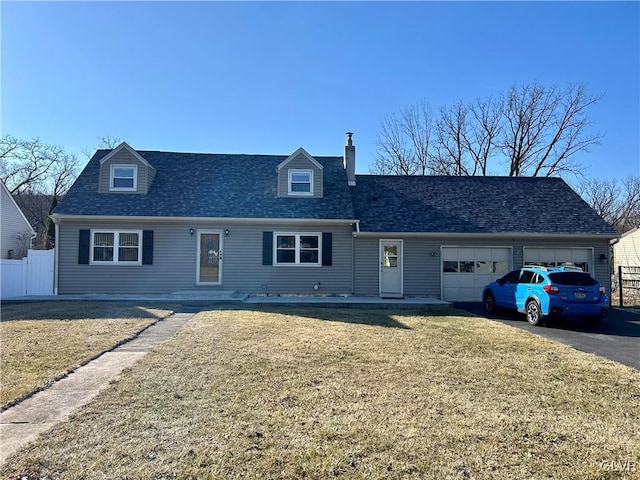 cape cod-style house featuring aphalt driveway, roof with shingles, an attached garage, fence, and a front yard