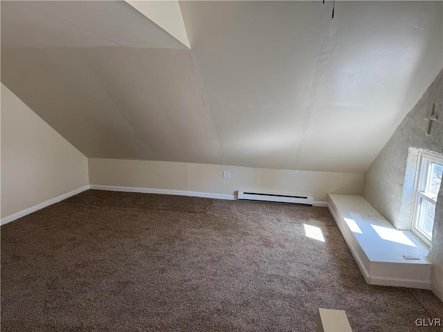 bonus room with carpet, baseboards, lofted ceiling, and baseboard heating