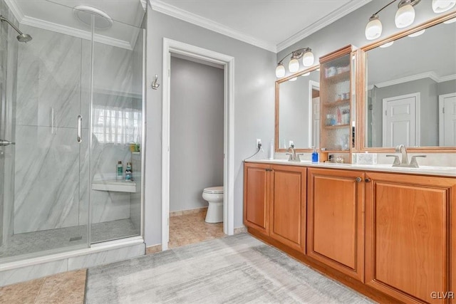 full bath featuring toilet, a sink, a marble finish shower, and crown molding