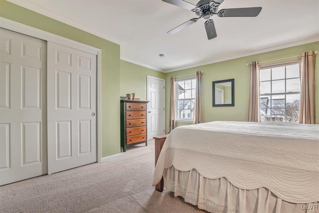 bedroom with a ceiling fan, baseboards, ornamental molding, a closet, and carpet