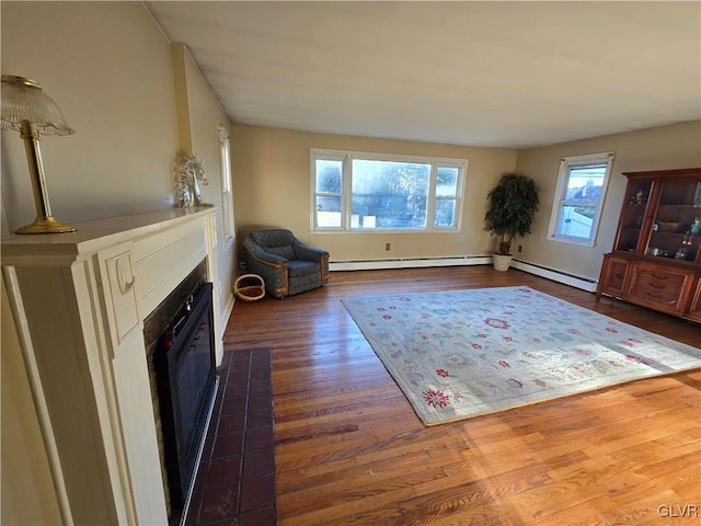 unfurnished room featuring a fireplace with flush hearth and dark wood-type flooring