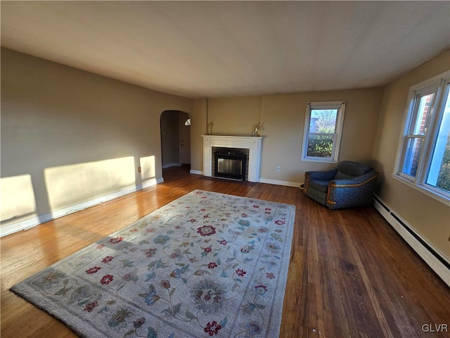 living area featuring a glass covered fireplace, wood finished floors, a wealth of natural light, and a baseboard radiator