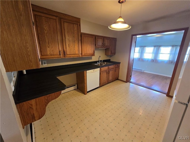 kitchen featuring a sink, a baseboard heating unit, dark countertops, baseboard heating, and dishwasher